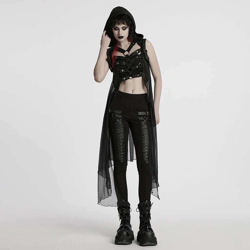 WY-1711MJF Hooded Sheer Black Strappy Long Punk Vest - Image 6