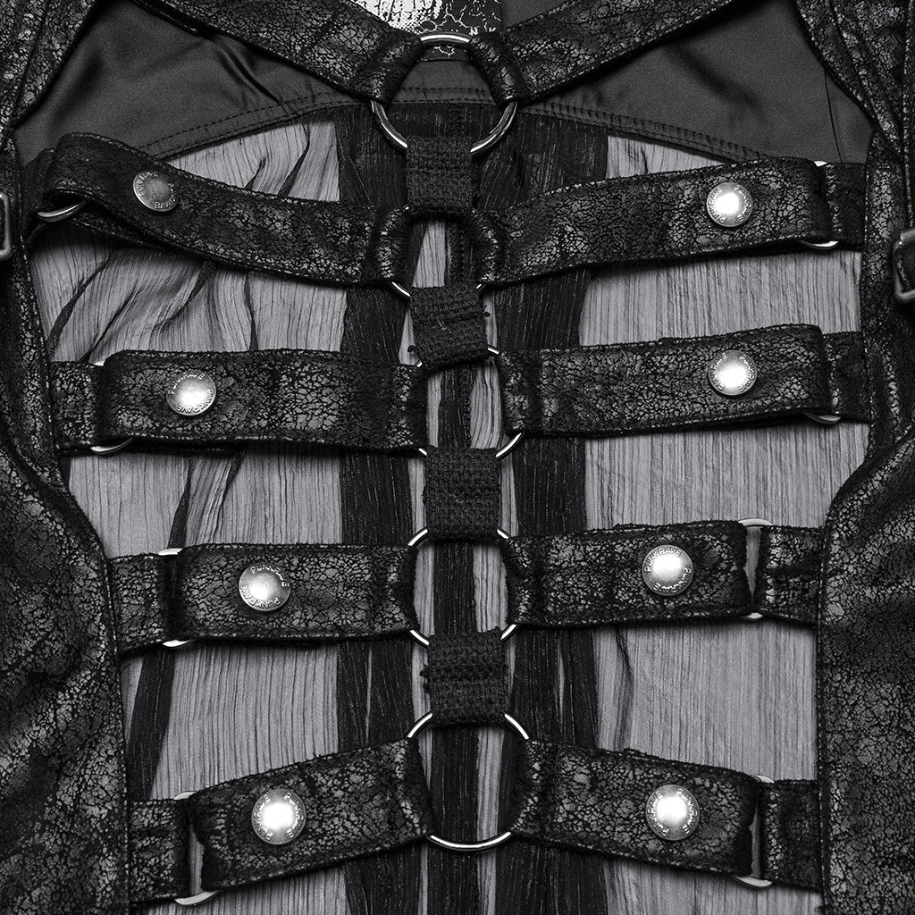 WY-1711MJF Hooded Sheer Black Strappy Long Punk Vest - Image 7