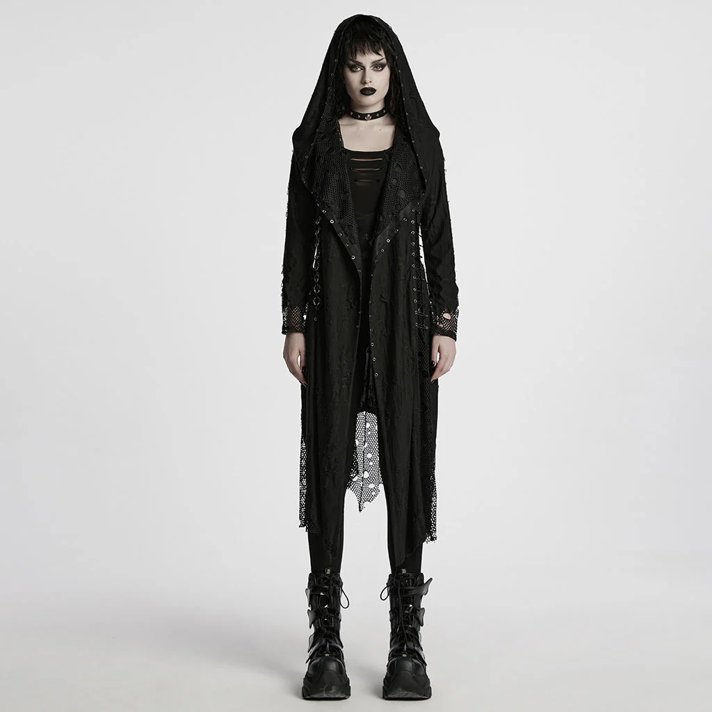 WY-1713XCF Womens Gothic Coat Hooded Longline Lace Mesh Design - Image 11