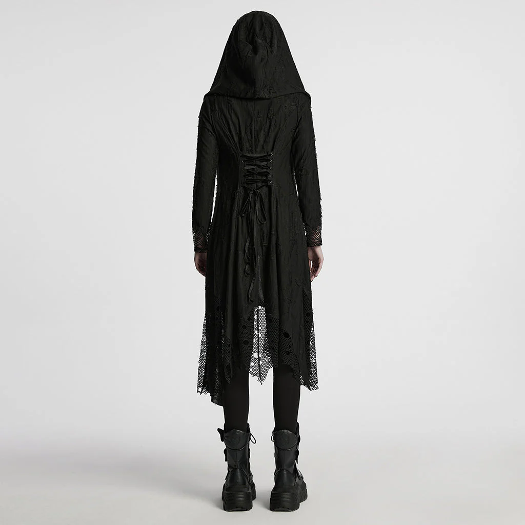 WY-1713XCF Womens Gothic Coat Hooded Longline Lace Mesh Design - Image 14