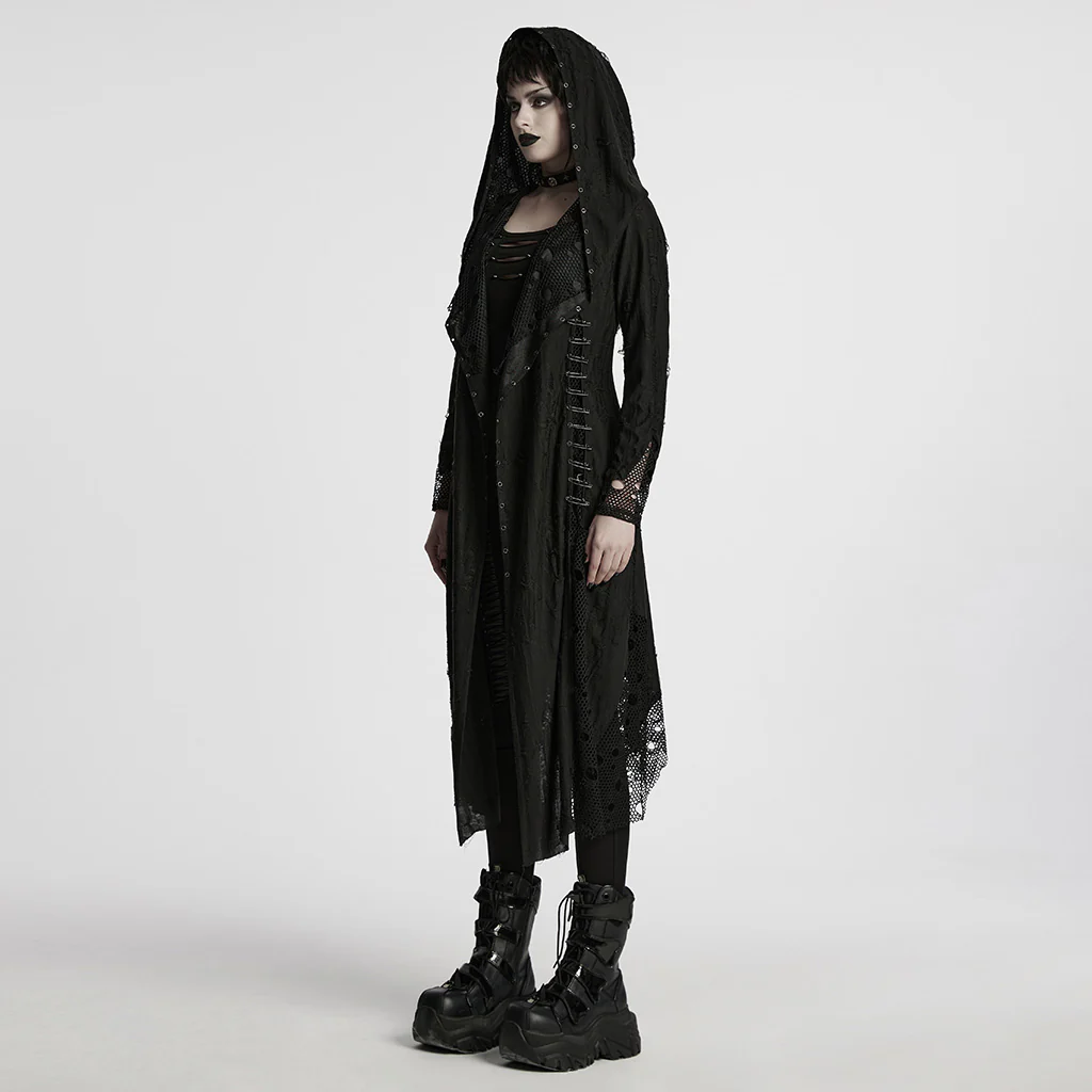 WY-1713XCF Womens Gothic Coat Hooded Longline Lace Mesh Design - Image 3