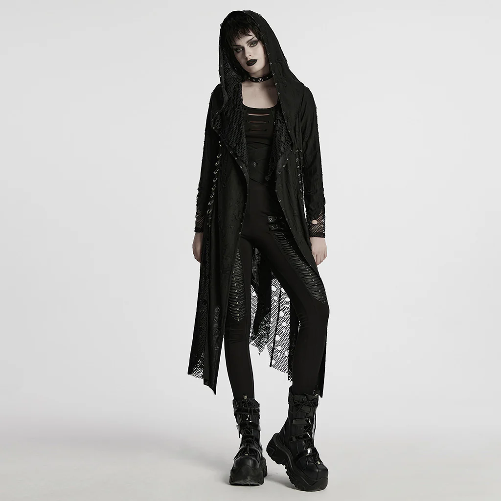 WY-1713XCF Womens Gothic Coat Hooded Longline Lace Mesh Design - Image 5