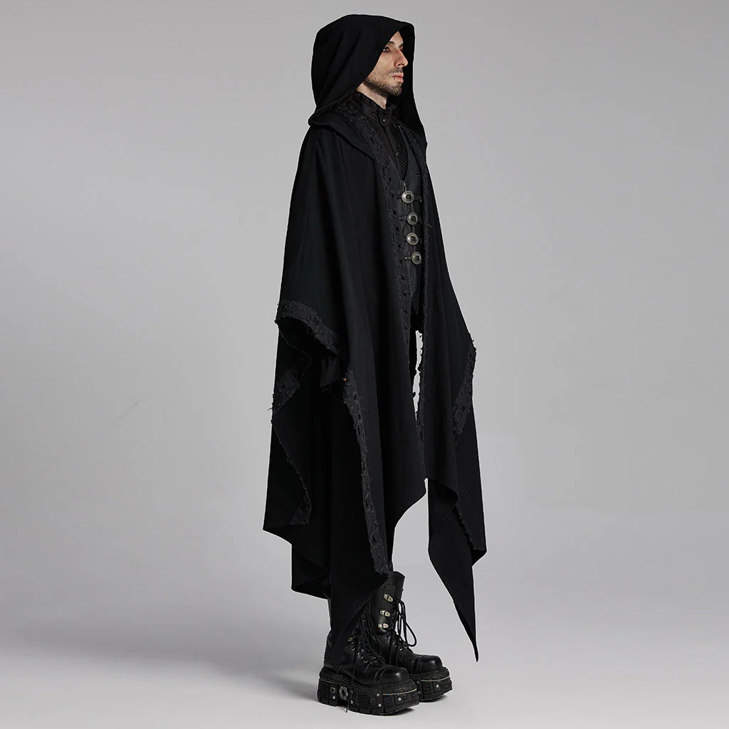 WY-1718DPM Gothic Hooded Cape Black Asymmetric Flowing Hem Linen Blend - Image 12