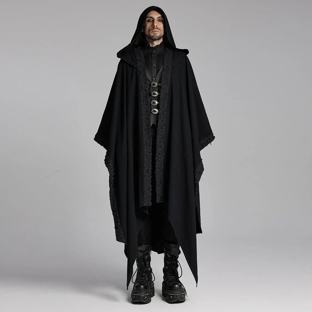WY-1718DPM Gothic Hooded Cape Black Asymmetric Flowing Hem Linen Blend - Image 18