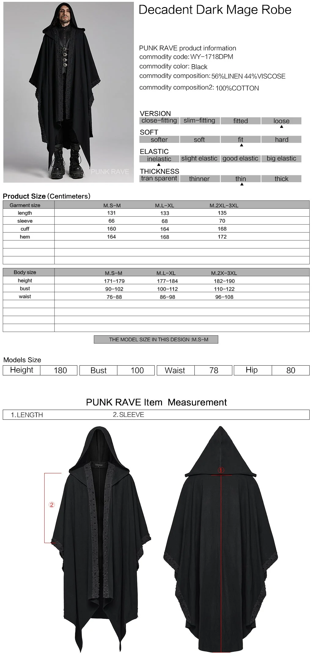 WY-1718DPM Gothic Hooded Cape Black Asymmetric Flowing Hem Linen Blend - Image 2