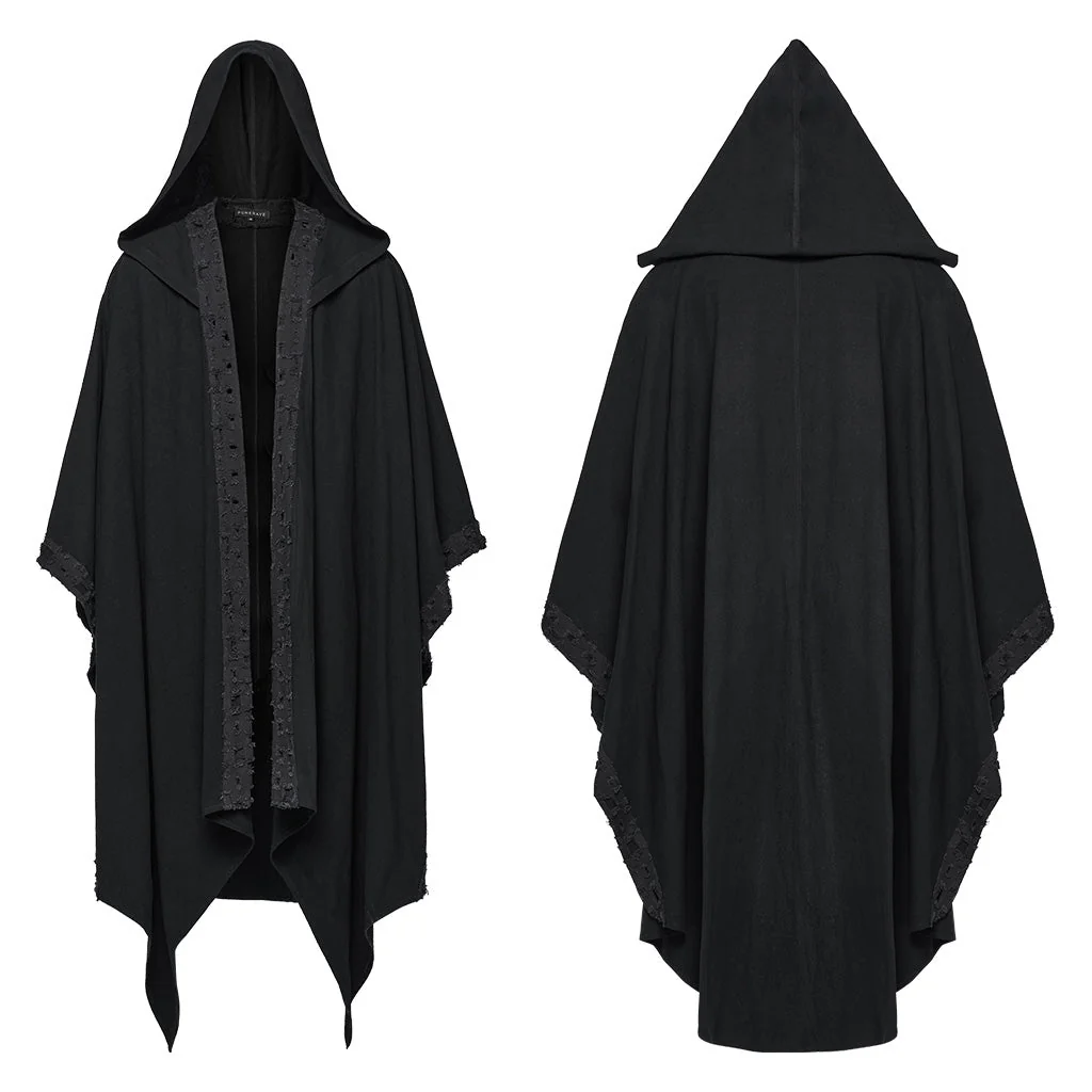 WY-1718DPM Gothic Hooded Cape Black Asymmetric Flowing Hem Linen Blend - Image 22