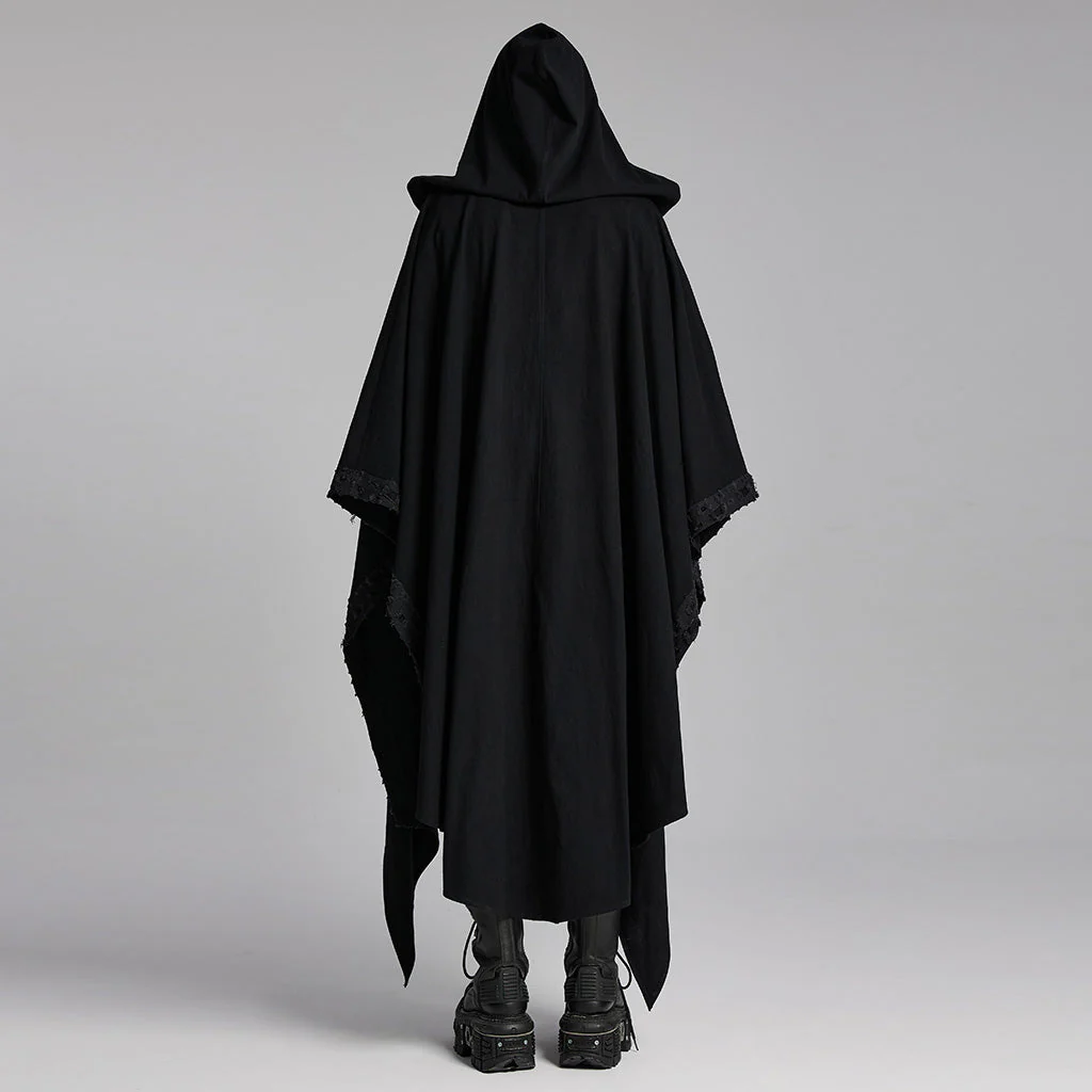 WY-1718DPM Gothic Hooded Cape Black Asymmetric Flowing Hem Linen Blend - Image 4