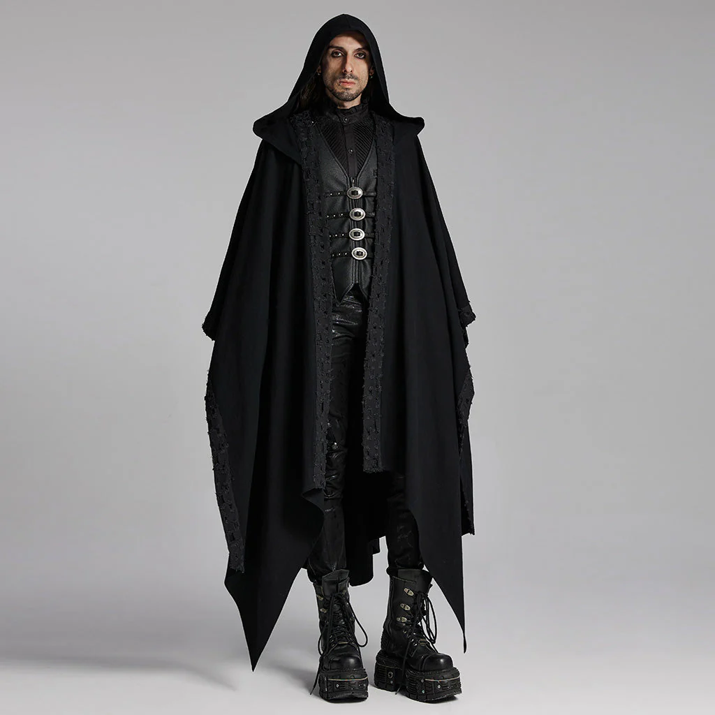 WY-1718DPM Gothic Hooded Cape Black Asymmetric Flowing Hem Linen Blend - Image 5