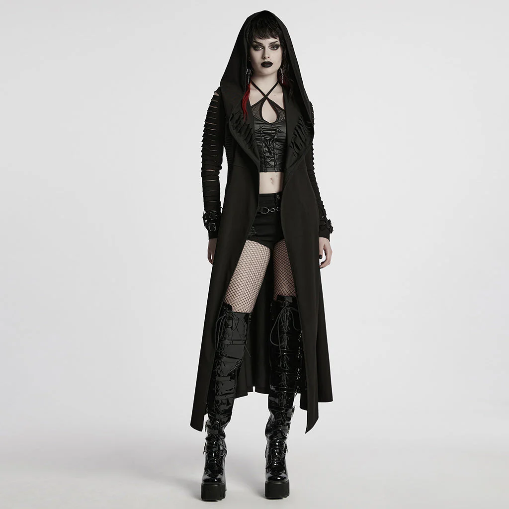 WY-1724XCF Edgy Hooded Longline Gothic Punk Coat with Belted Sleeves - Image 25