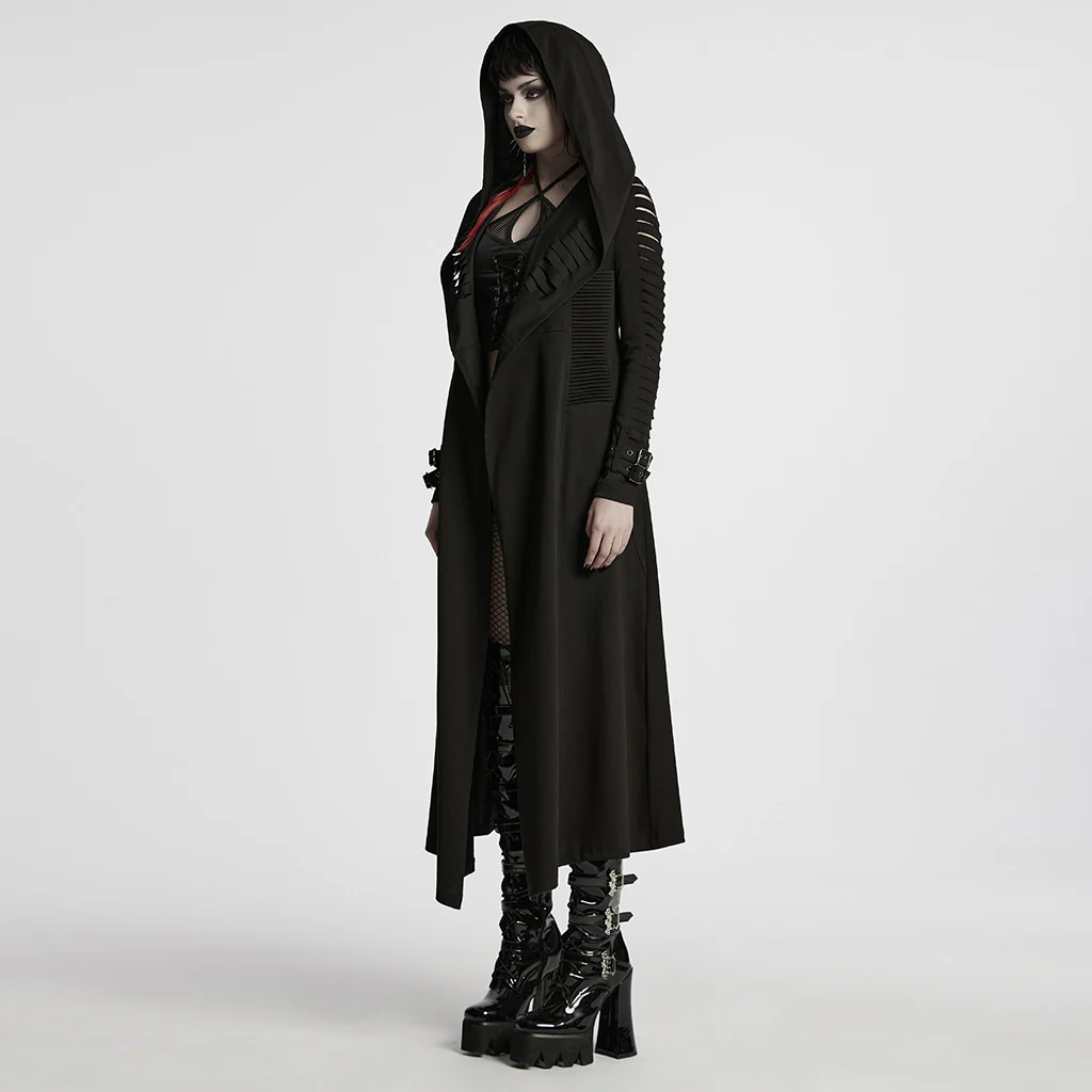 WY-1724XCF Edgy Hooded Longline Gothic Punk Coat with Belted Sleeves - Image 3