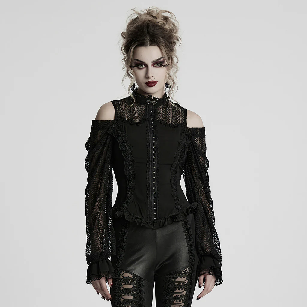 WY-1727CCF Gothic Lace Cold Shoulder Shirt Victorian Ruffle Design