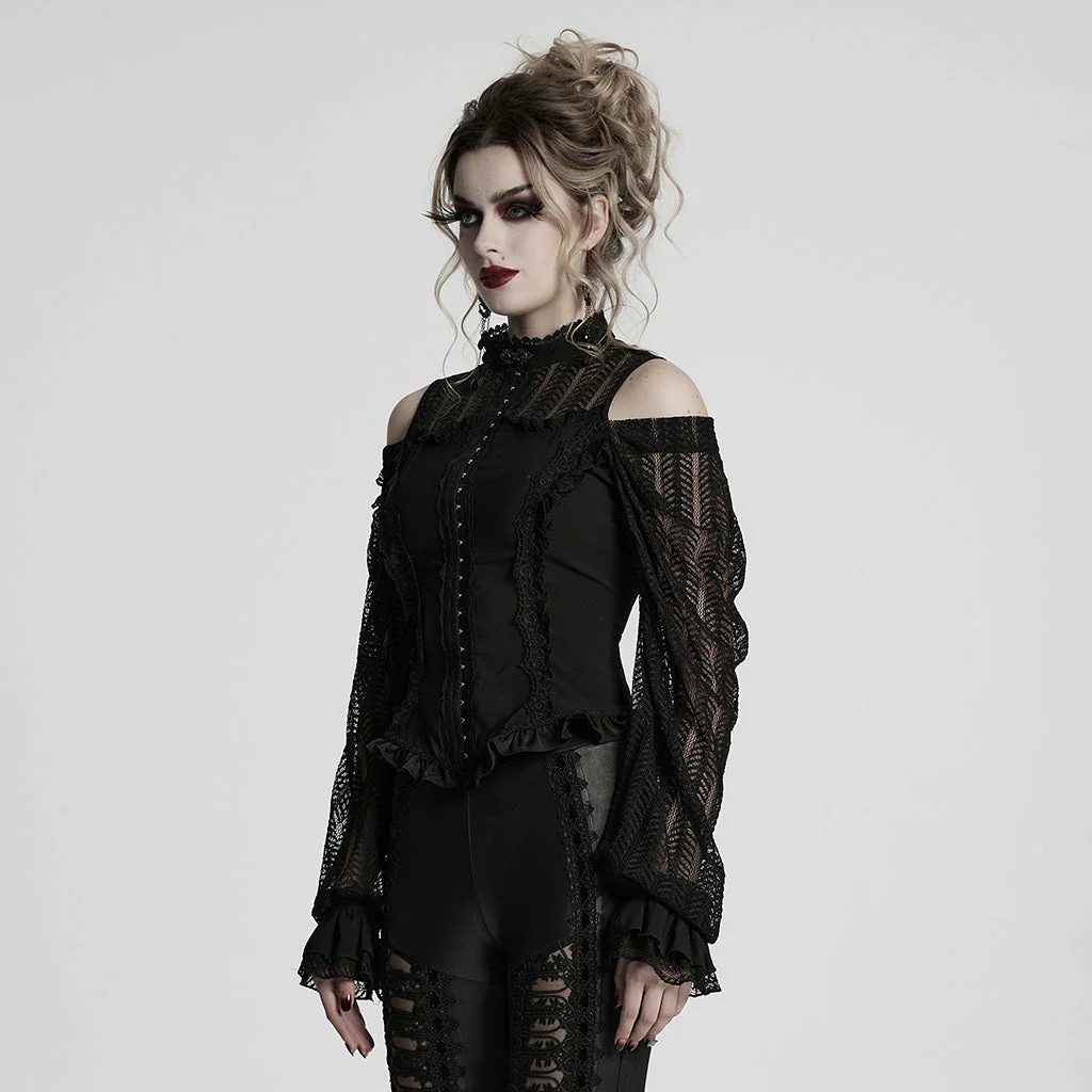 WY-1727CCF Gothic Lace Cold Shoulder Shirt Victorian Ruffle Design - Image 22