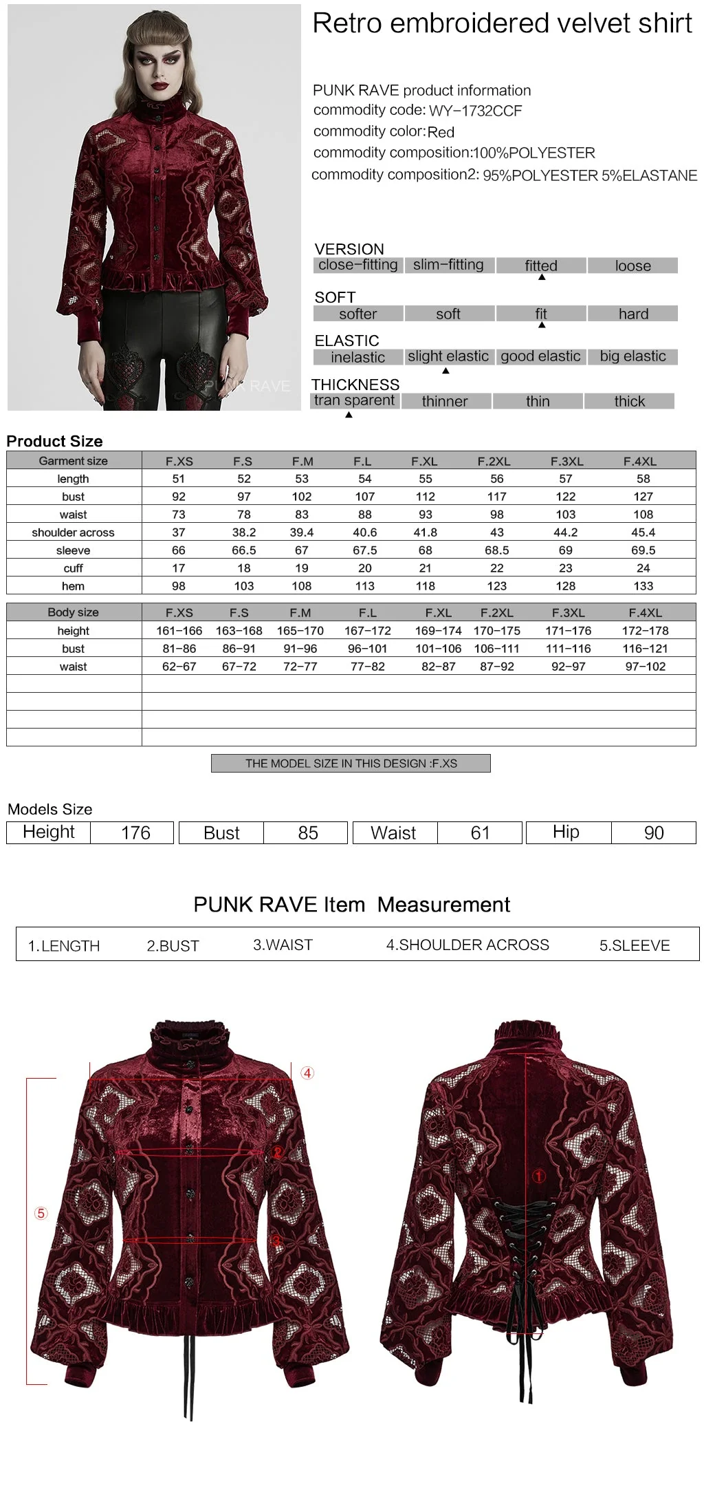 WY-1732CCF Gothic Shirt Burgundy Velvet Lace Bell Sleeve Top - Image 32