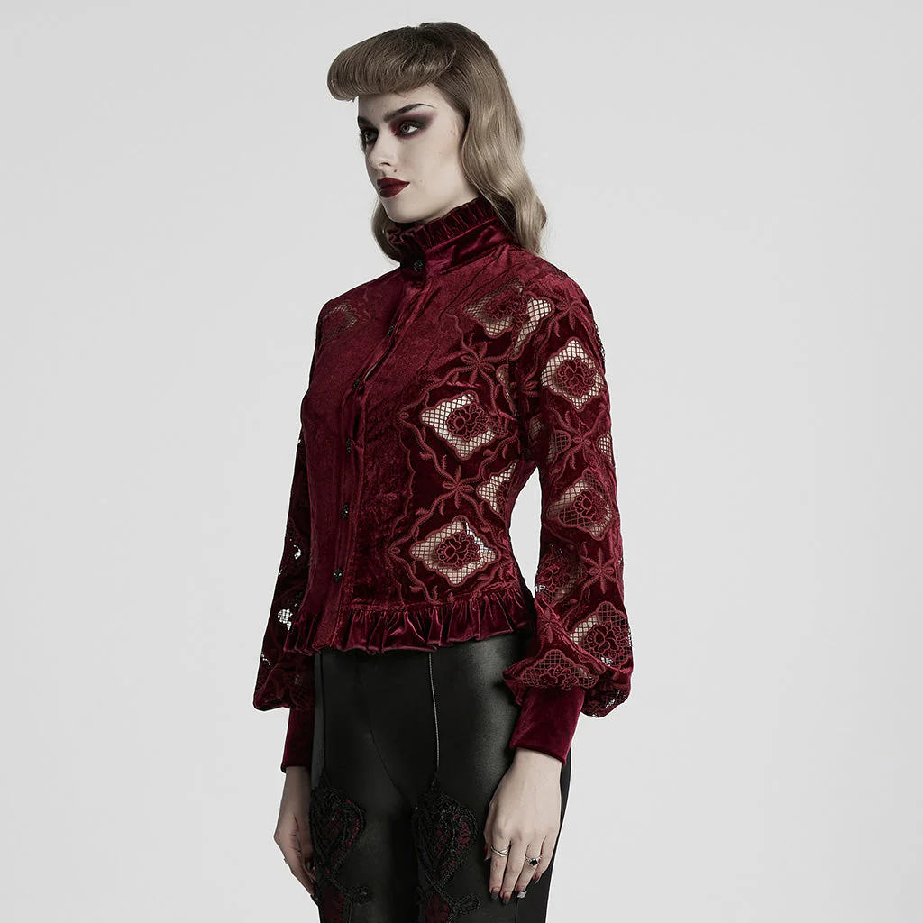 WY-1732CCF Gothic Shirt Burgundy Velvet Lace Bell Sleeve Top - Image 33