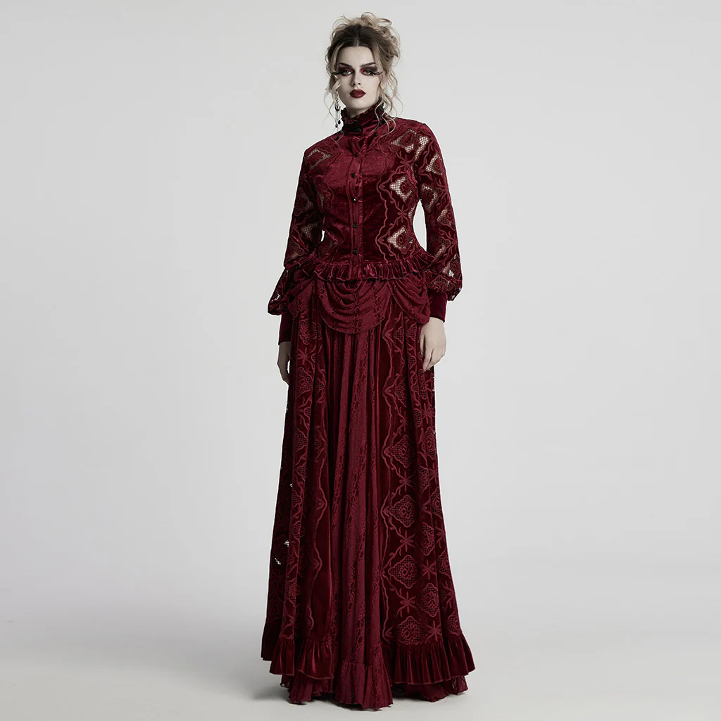 WY-1732CCF Gothic Shirt Burgundy Velvet Lace Bell Sleeve Top - Image 5