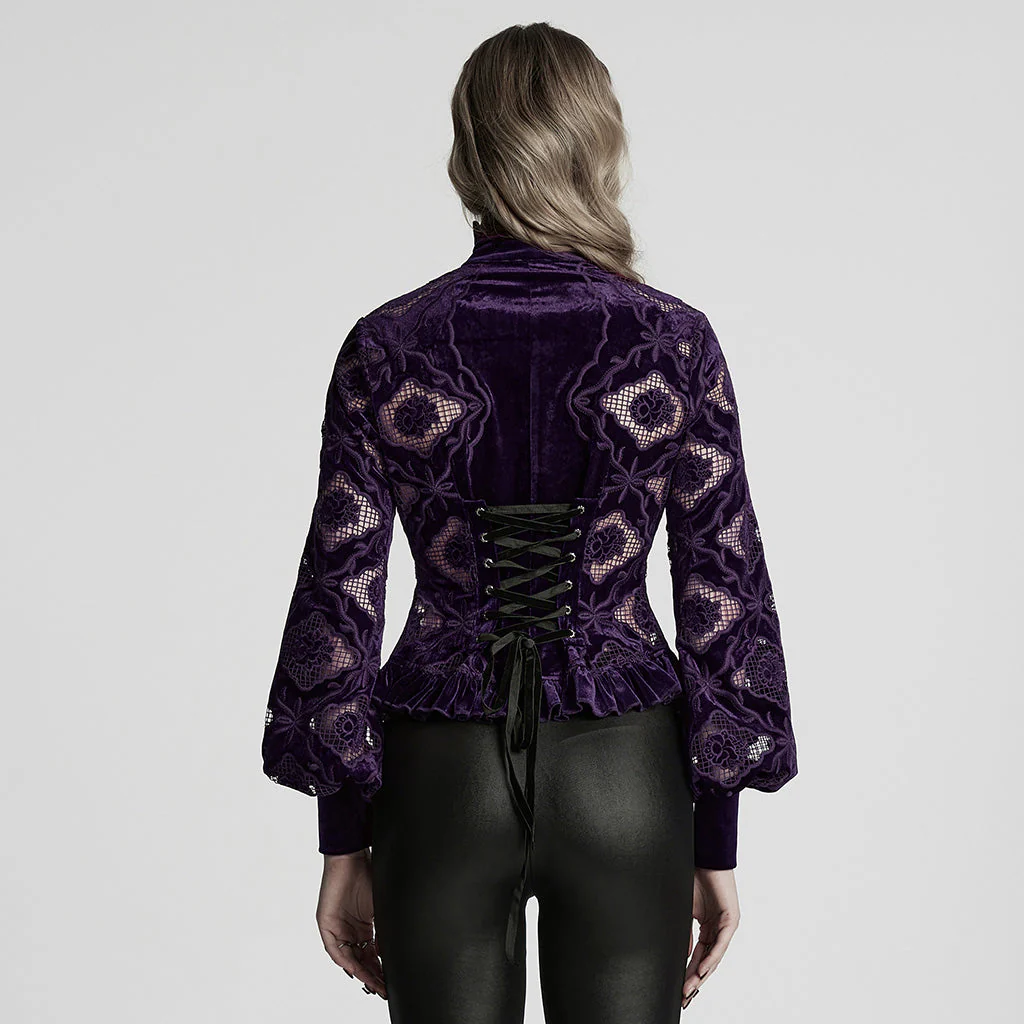 WY-1732CCF Gothic Shirt Burgundy Velvet Lace Bell Sleeve Top - Image 55