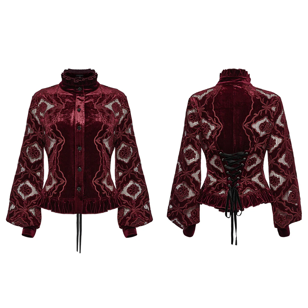 WY-1732CCF Gothic Shirt Burgundy Velvet Lace Bell Sleeve Top - Image 6