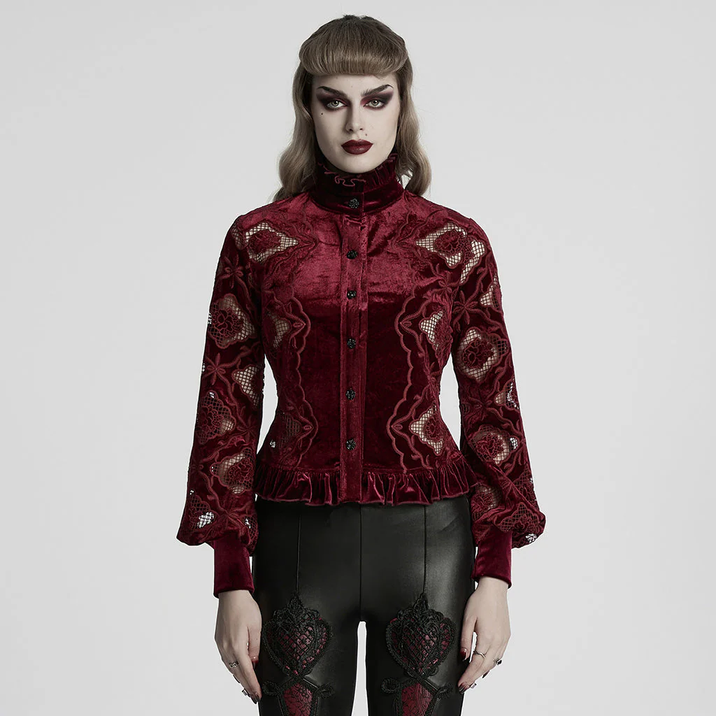 WY-1732CCF Gothic Shirt Burgundy Velvet Lace Bell Sleeve Top - Image 60