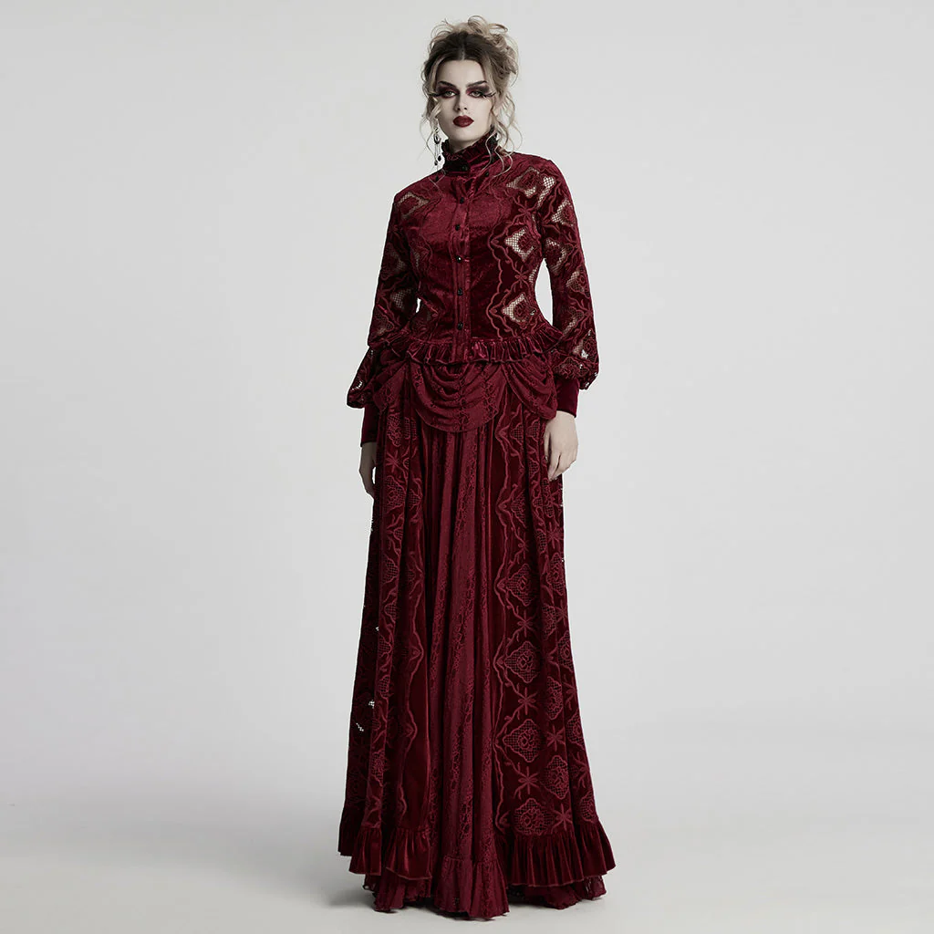 WY-1732CCF Gothic Shirt Burgundy Velvet Lace Bell Sleeve Top - Image 64