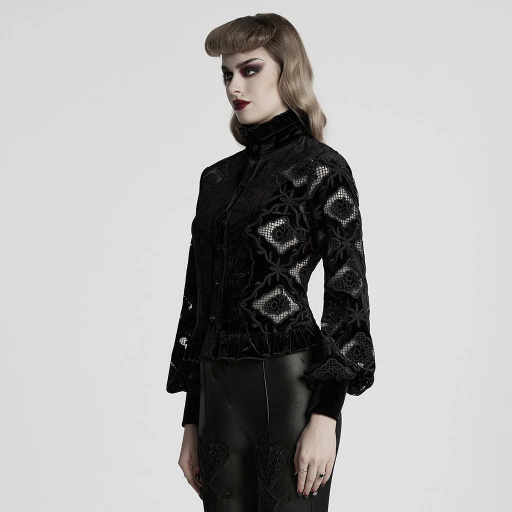 WY-1732CCF Gothic Shirt Burgundy Velvet Lace Bell Sleeve Top - Image 73