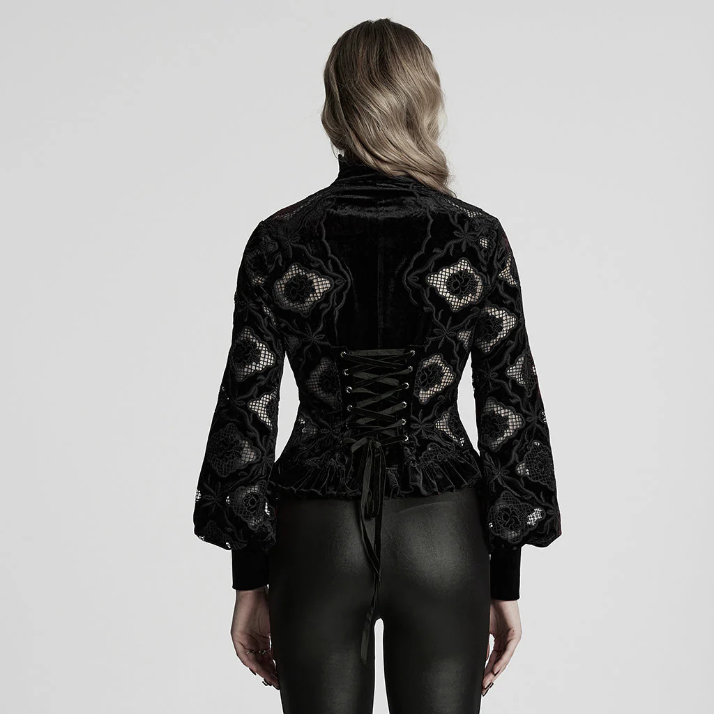 WY-1732CCF Gothic Shirt Burgundy Velvet Lace Bell Sleeve Top - Image 74