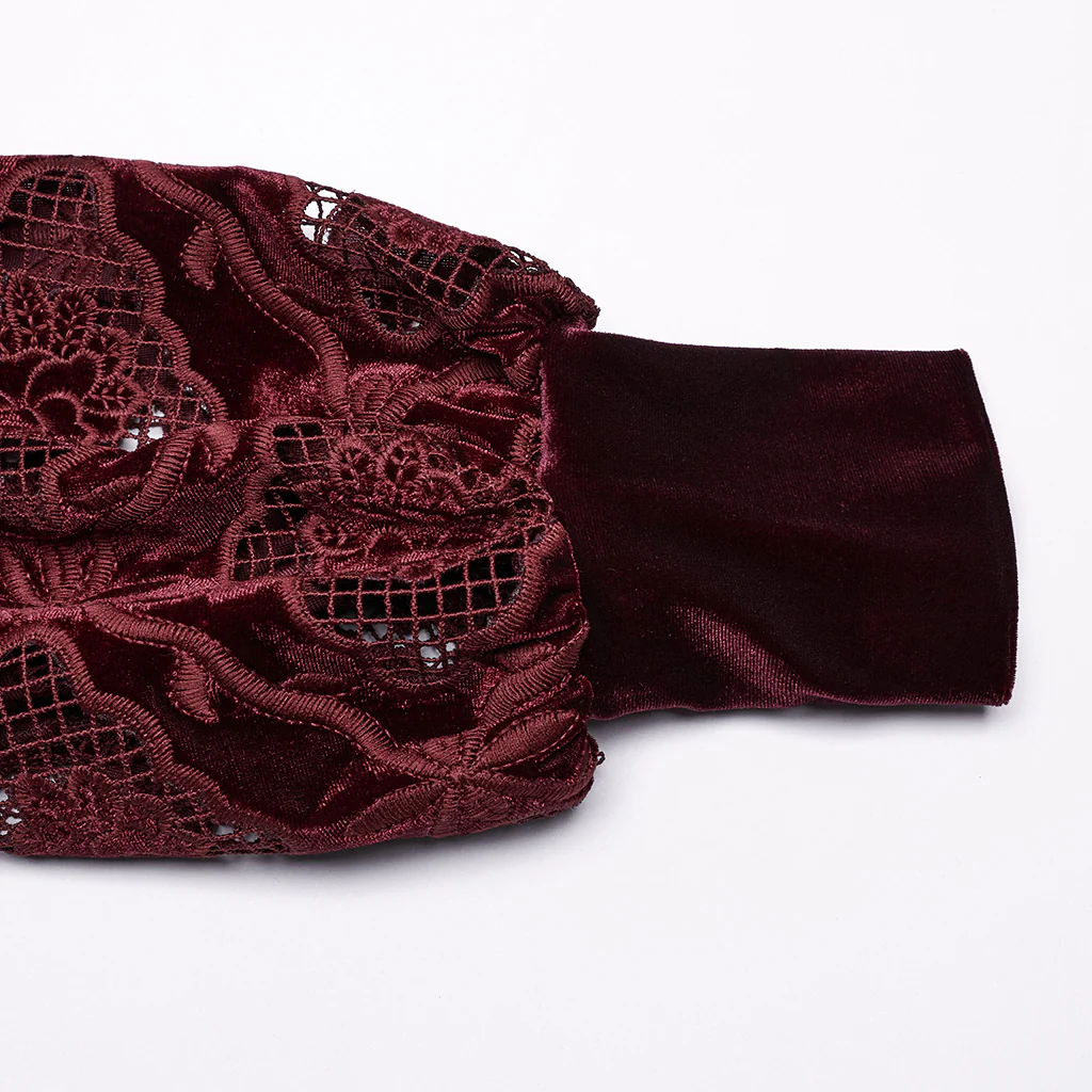WY-1732CCF Gothic Shirt Burgundy Velvet Lace Bell Sleeve Top - Image 8