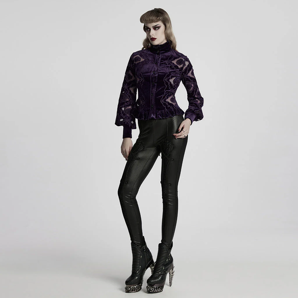 WY-1732CCF Gothic Shirt Burgundy Velvet Lace Bell Sleeve Top - Image 80