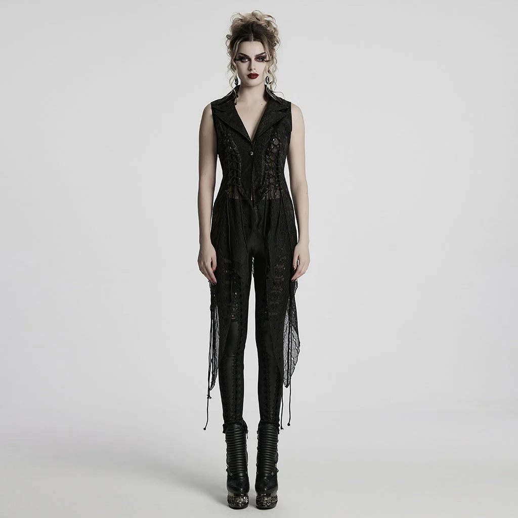 WY-1737MJF Gothic Vest Long Tailcoat Sleeveless Lace-Up Design Black - Image 11