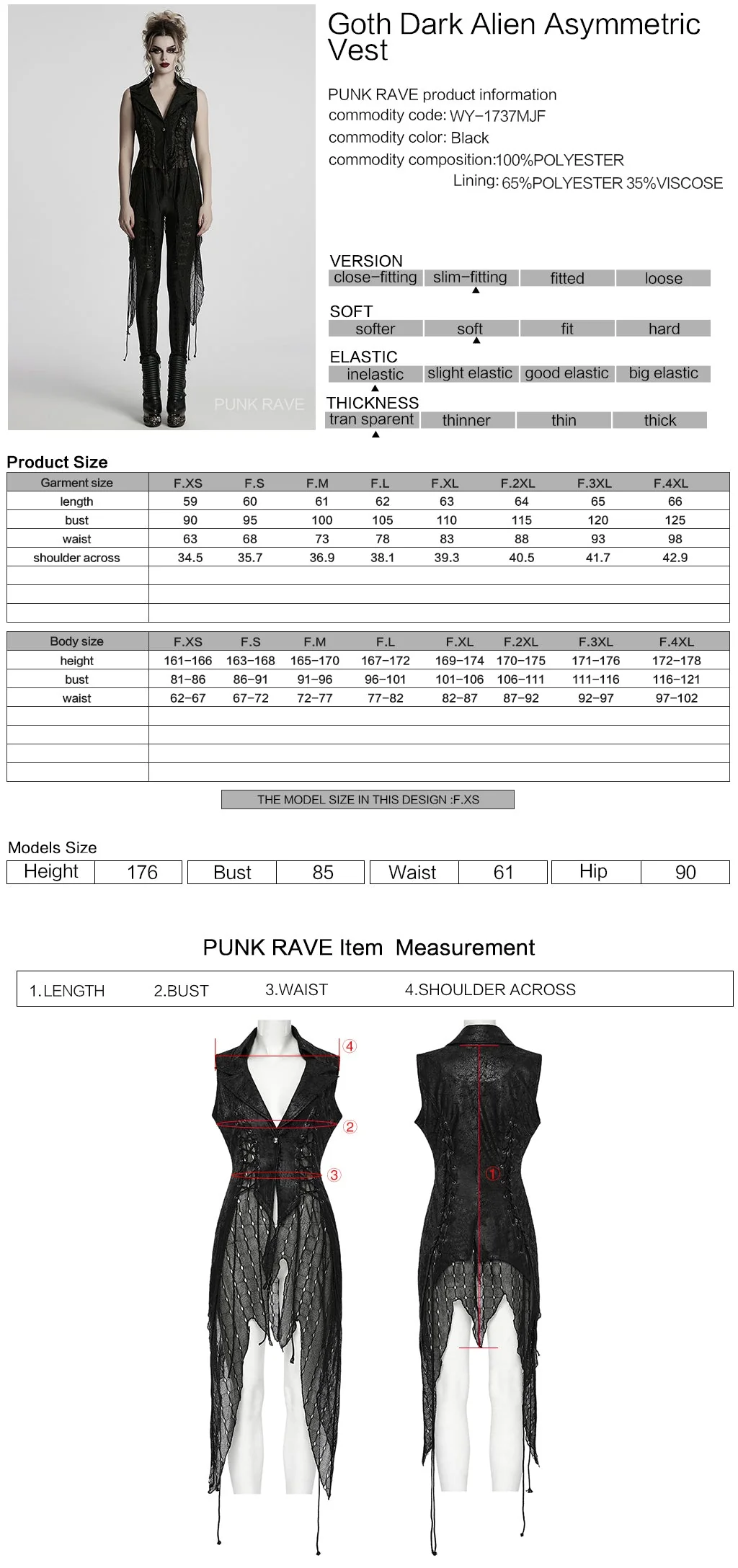 WY-1737MJF Gothic Vest Long Tailcoat Sleeveless Lace-Up Design Black - Image 12