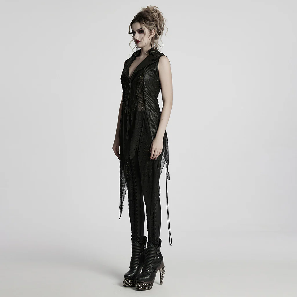 WY-1737MJF Gothic Vest Long Tailcoat Sleeveless Lace-Up Design Black - Image 3