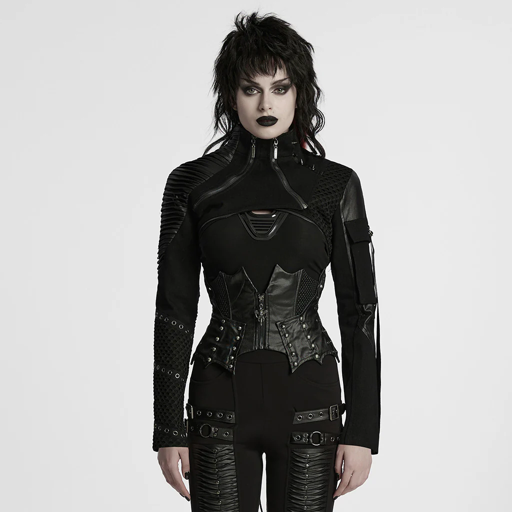 WY-1755XDF Edgy Black Gothic Corset Style Punk Jackets with Zipper Details
