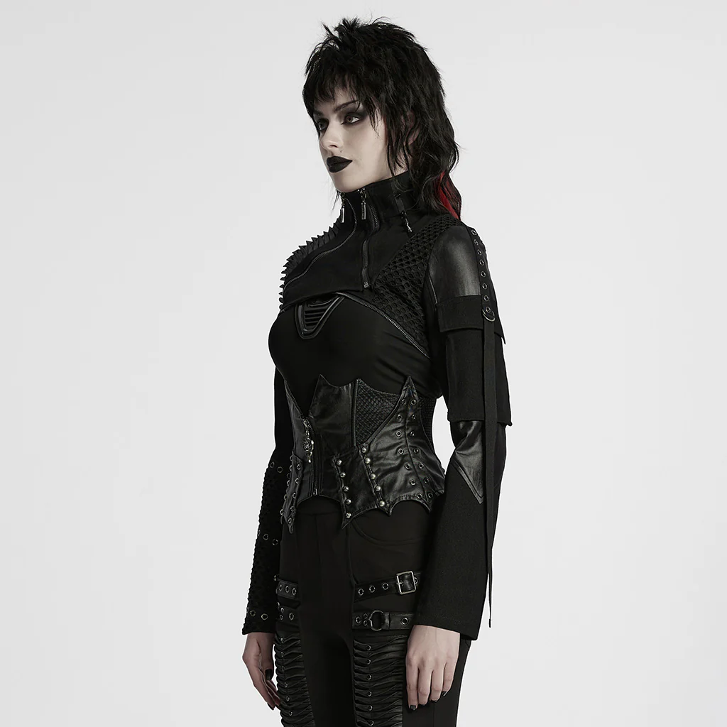 WY-1755XDF Edgy Black Gothic Corset Style Punk Jackets with Zipper Details - Image 3