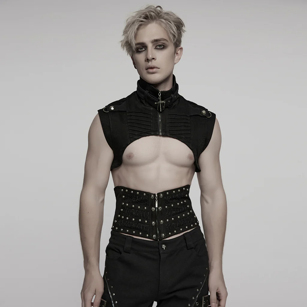 WY-1756MJM Gothic Sleeveless Punk Vests Studded High Collar Zipper Design