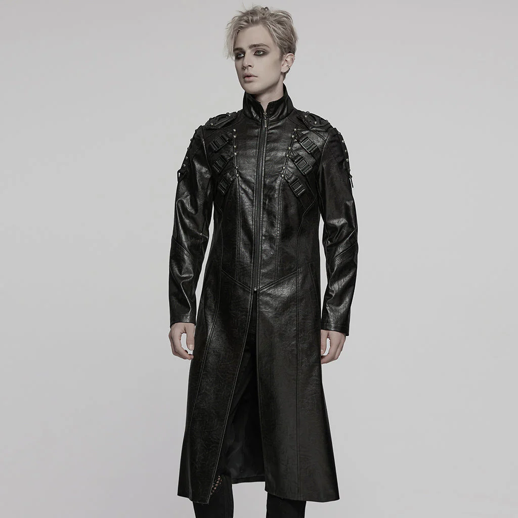 WY-1757XCM Gothic Long Black Faux Leather Punk Coat Mens Fashion - Image 21