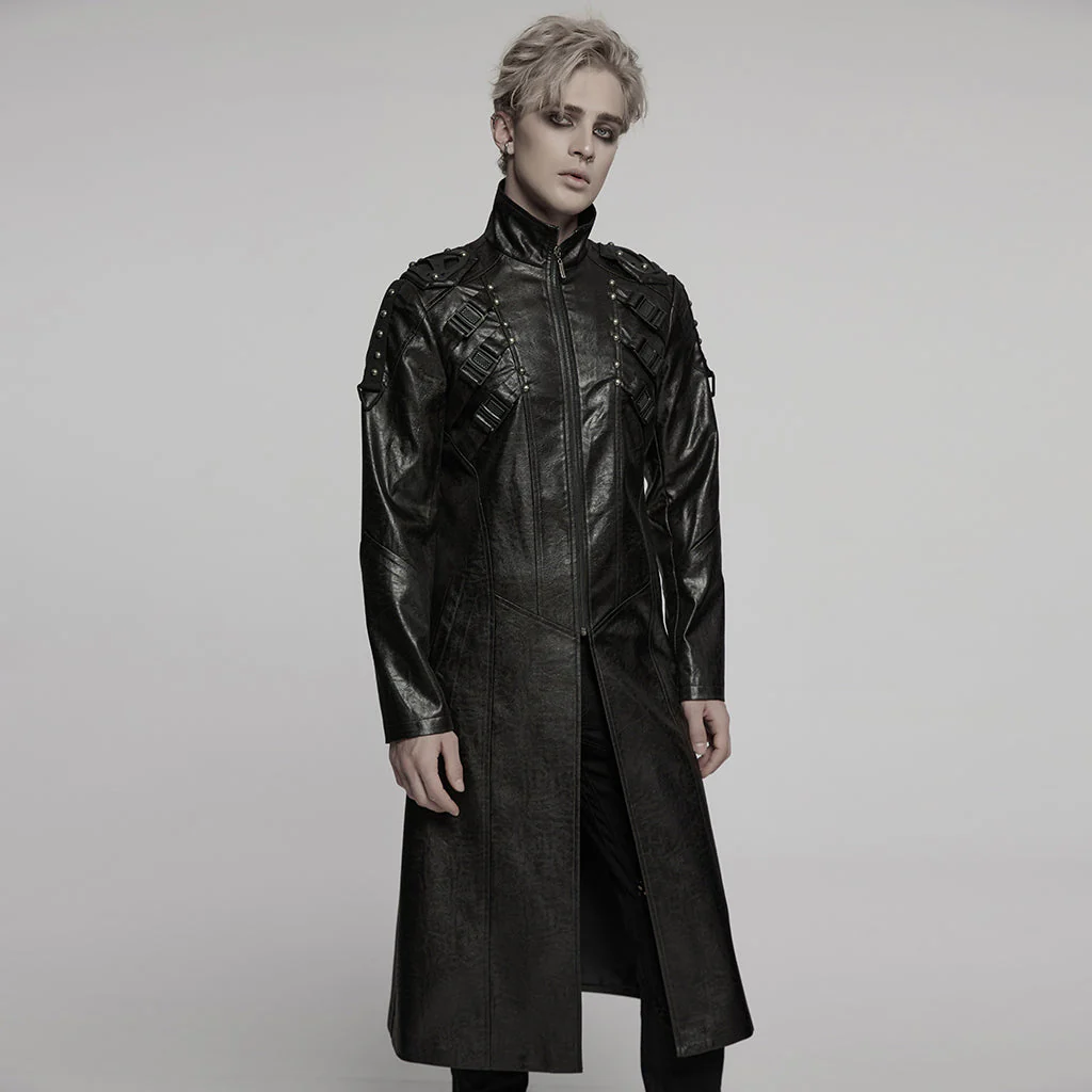 WY-1757XCM Gothic Long Black Faux Leather Punk Coat Mens Fashion - Image 23