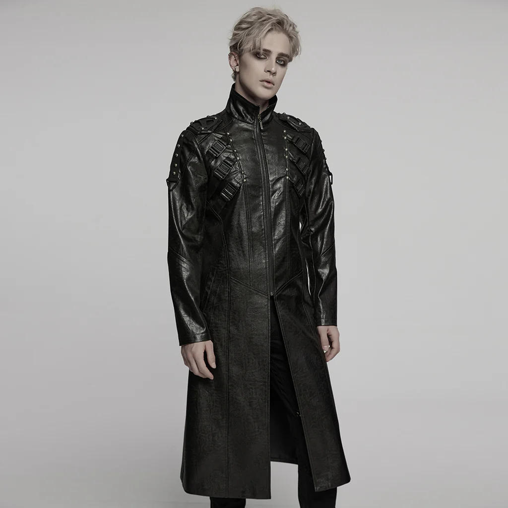 WY-1757XCM Gothic Long Black Faux Leather Punk Coat Mens Fashion - Image 3