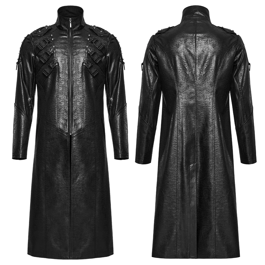 WY-1757XCM Gothic Long Black Faux Leather Punk Coat Mens Fashion - Image 6