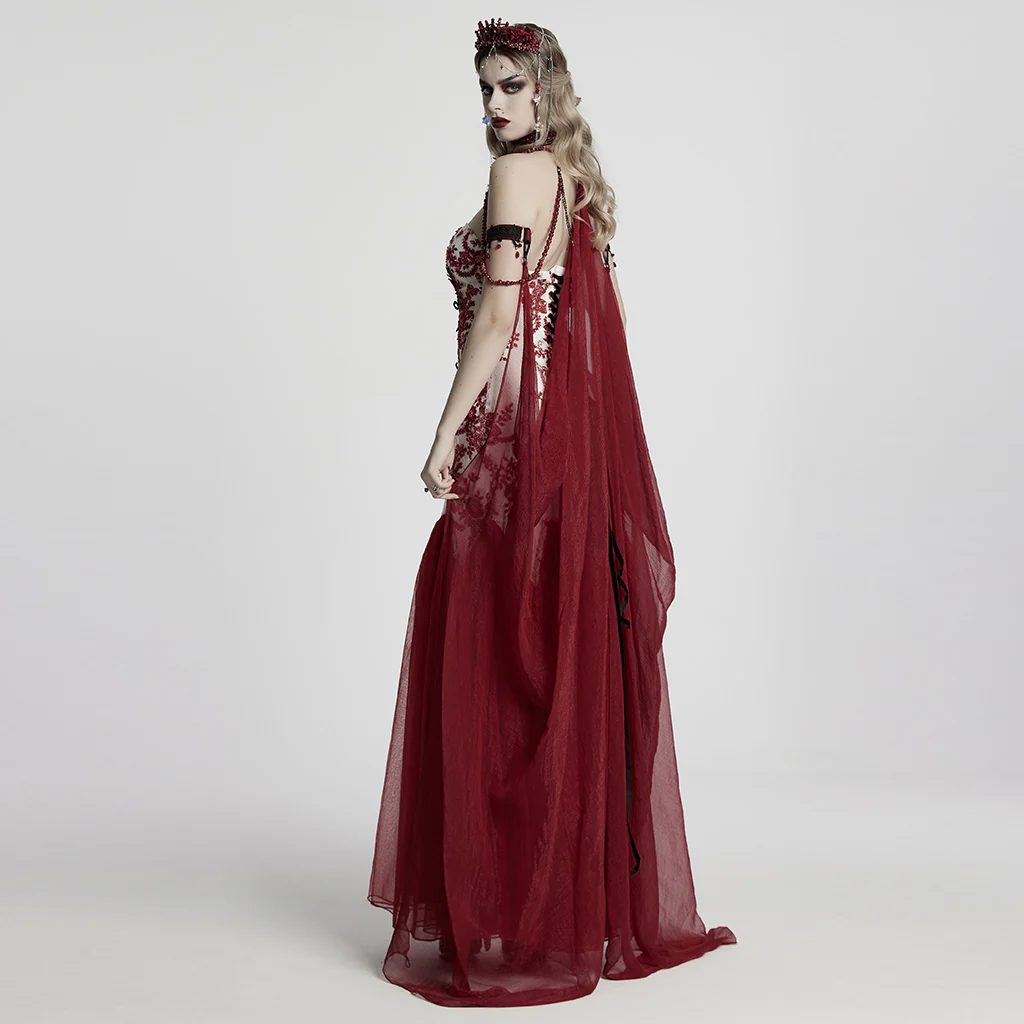 WY-1760DPF Gothic Dress Elegant Red Lace Chiffon Evening Gown - Image 3