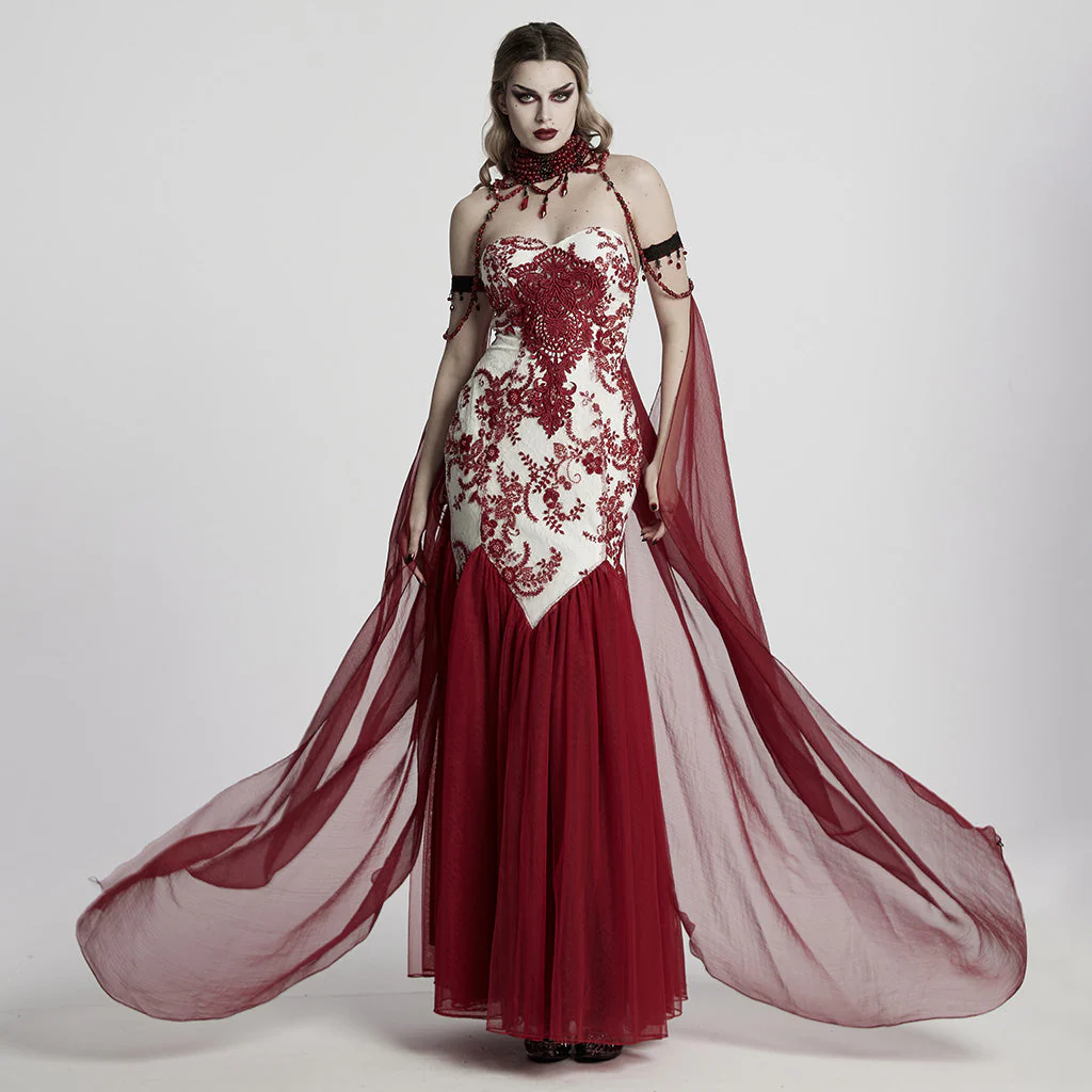 WY-1760DPF Gothic Dress Elegant Red Lace Chiffon Evening Gown - Image 33