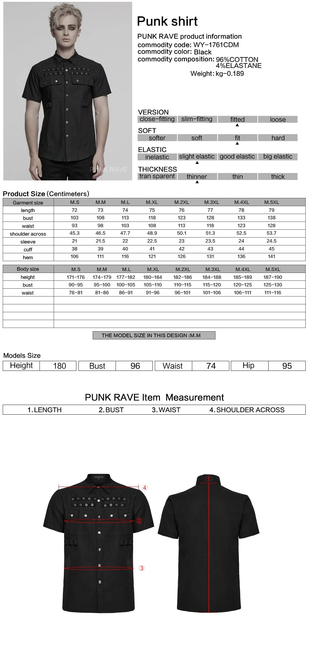 WY-1761CDM Edgy Black Short Sleeve Grommet Punk Shirts for Men - Image 12