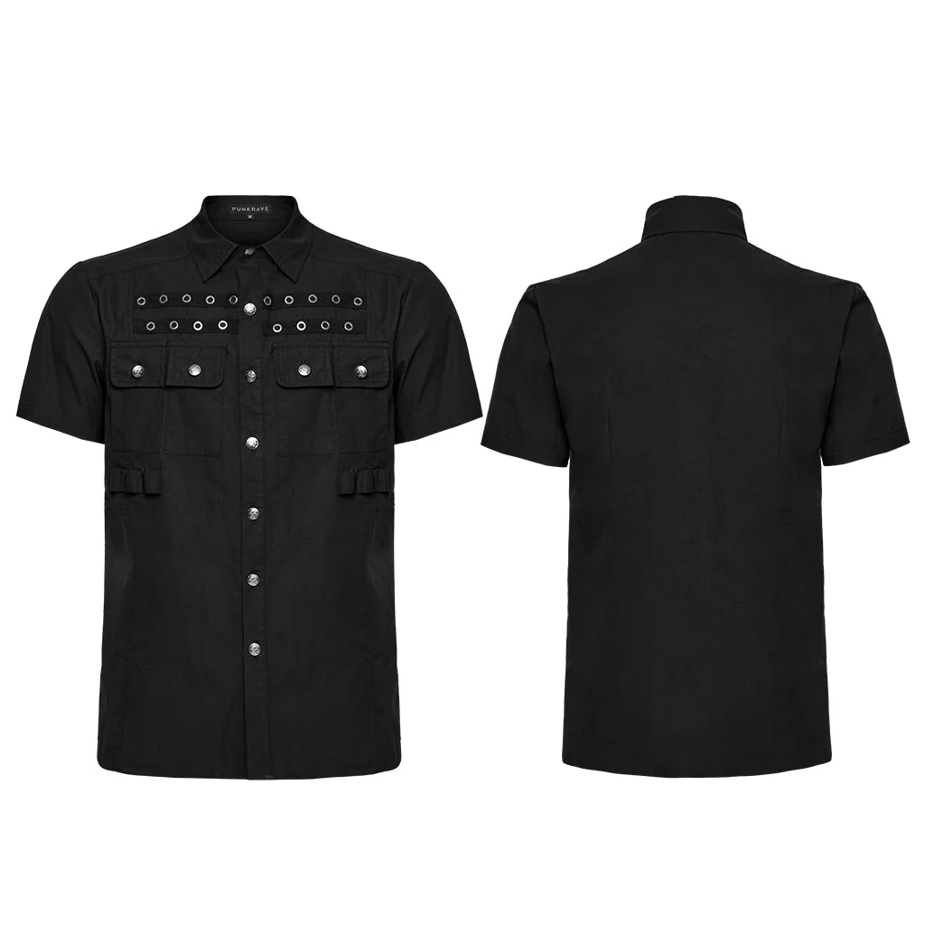 WY-1761CDM Edgy Black Short Sleeve Grommet Punk Shirts for Men - Image 16
