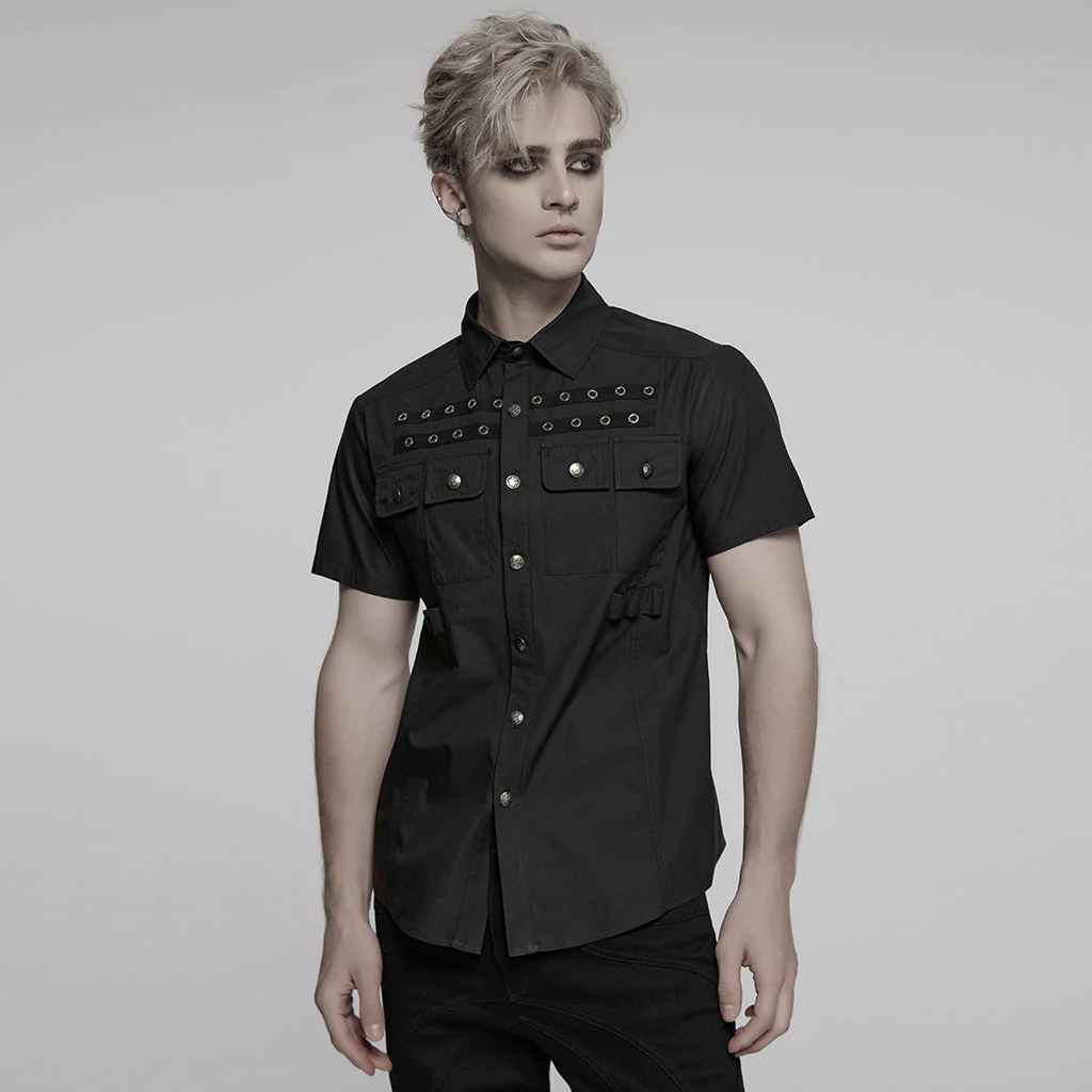 WY-1761CDM Edgy Black Short Sleeve Grommet Punk Shirts for Men - Image 23