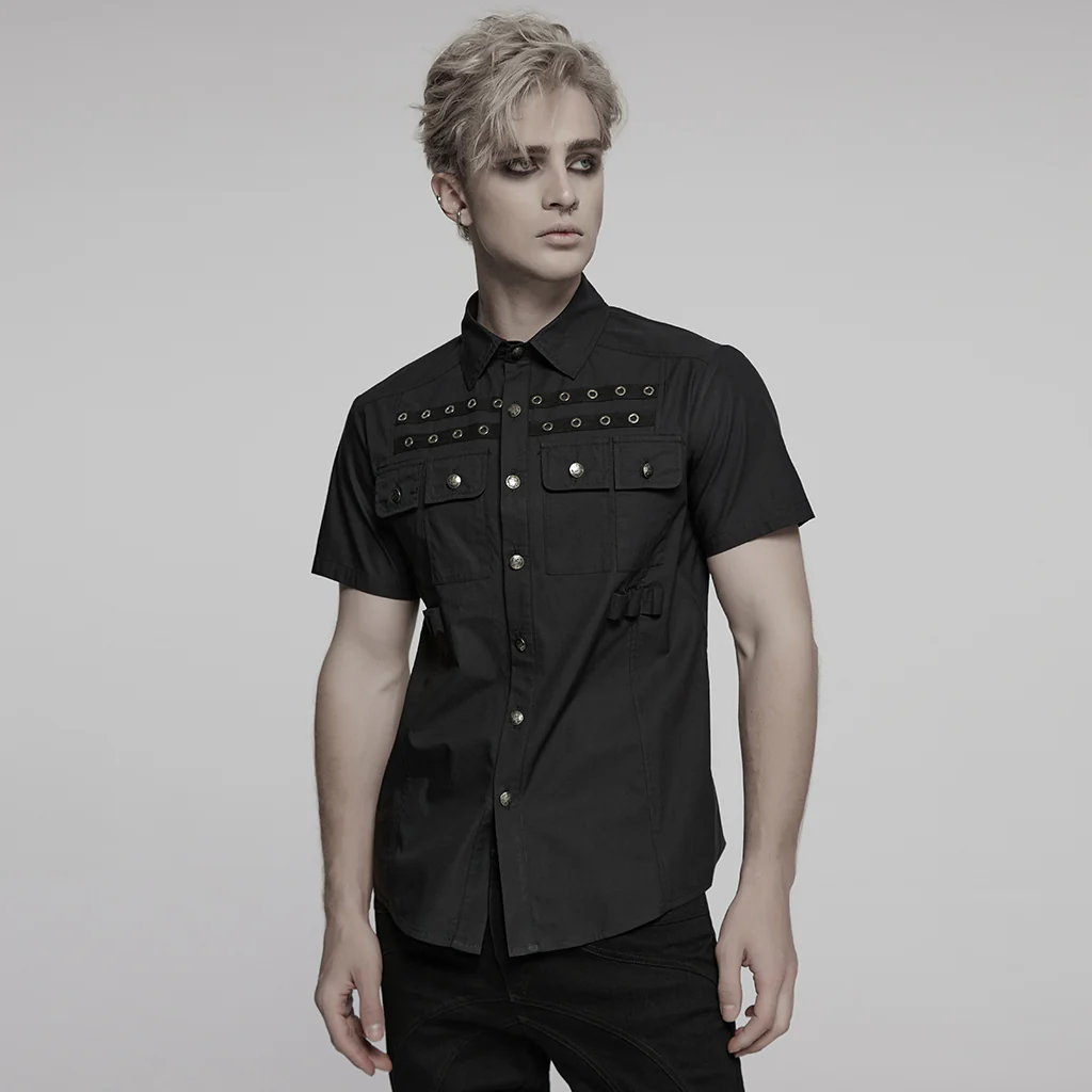 WY-1761CDM Edgy Black Short Sleeve Grommet Punk Shirts for Men - Image 3