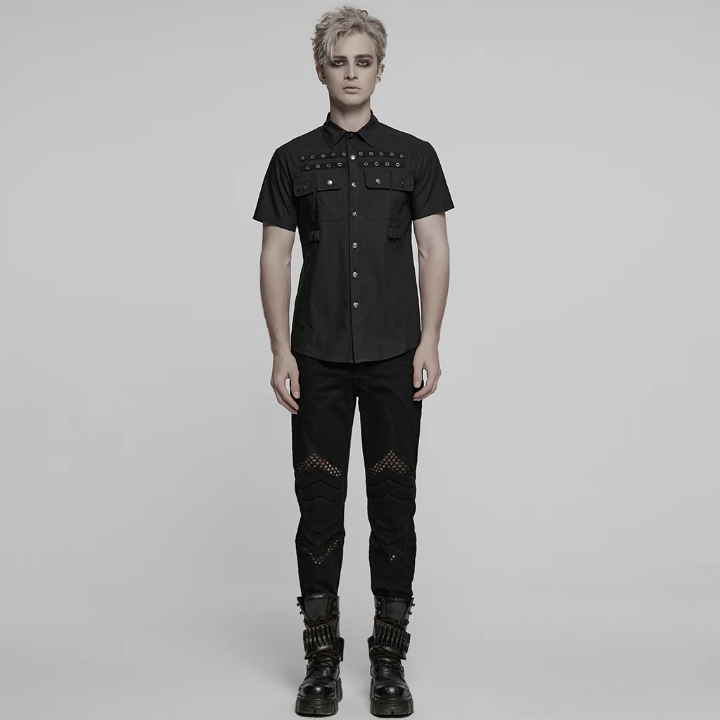 WY-1761CDM Edgy Black Short Sleeve Grommet Punk Shirts for Men - Image 5