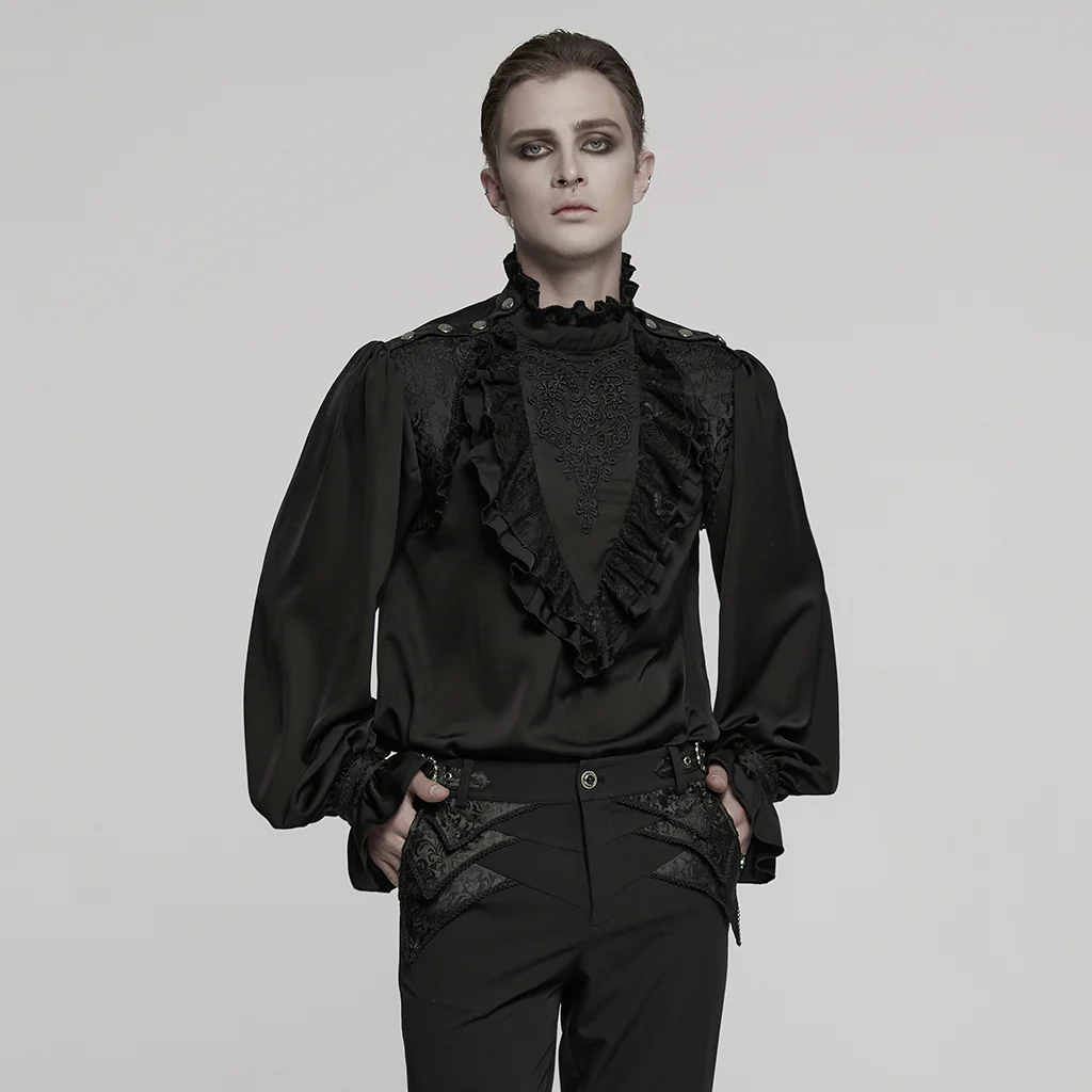 WY-1766CCM Gothic Shirts Mens Victorian Ruffled Lace Black Top