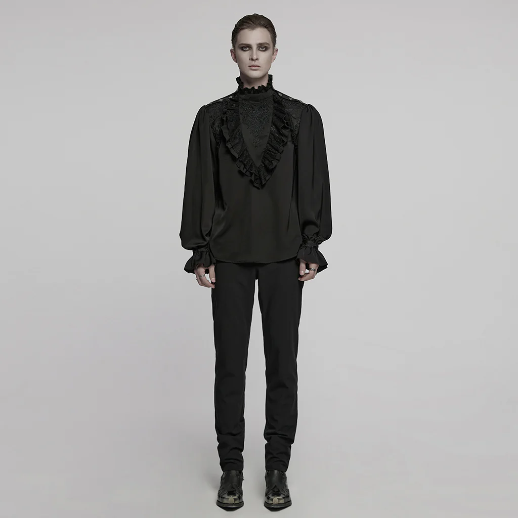 WY-1766CCM Gothic Shirts Mens Victorian Ruffled Lace Black Top - Image 5