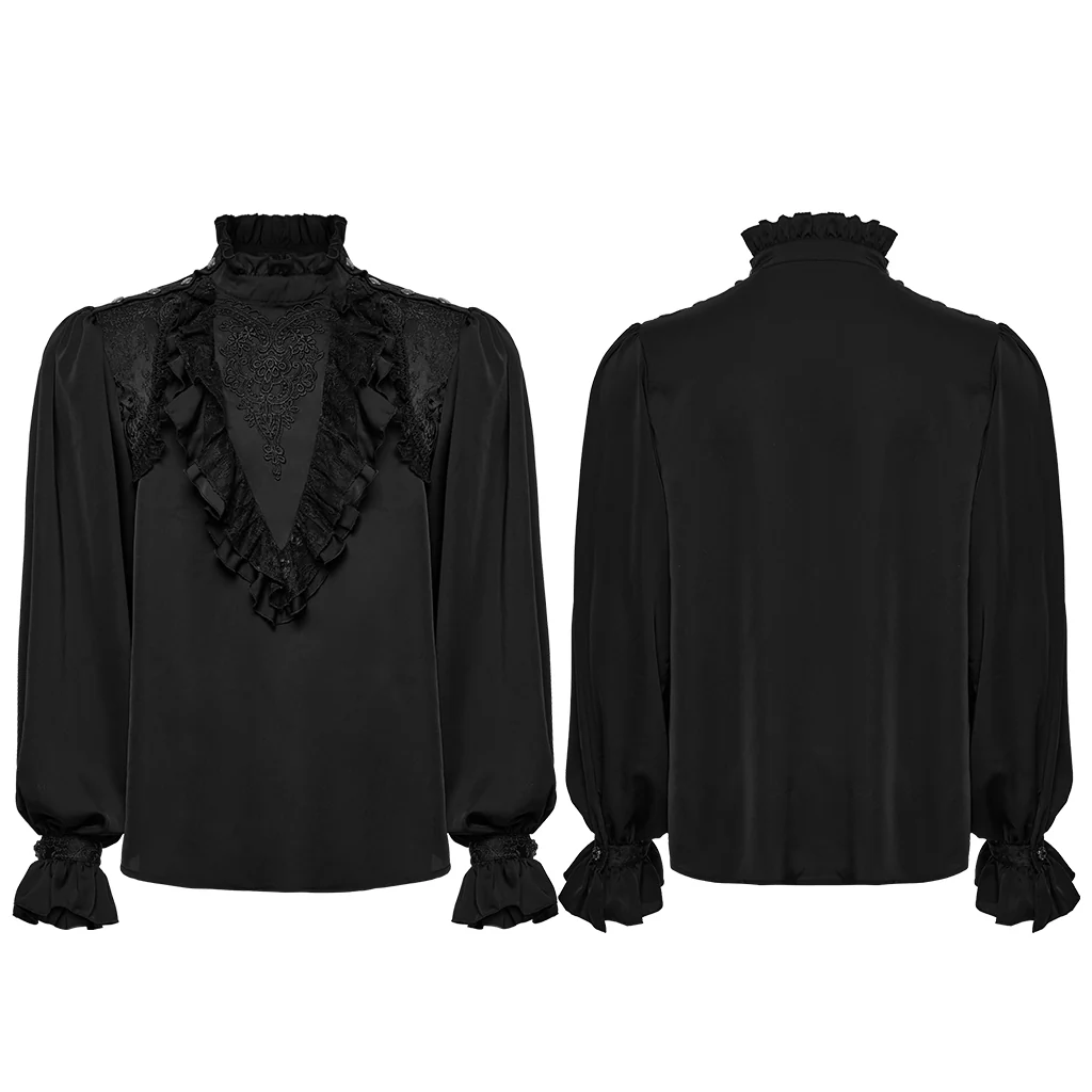 WY-1766CCM Gothic Shirts Mens Victorian Ruffled Lace Black Top - Image 6