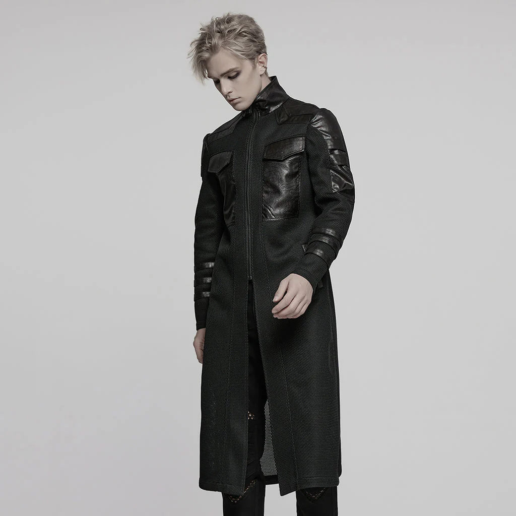 WY-1769XCM Gothic Longline Leather Accent Punk Coat with High Collar - Image 13