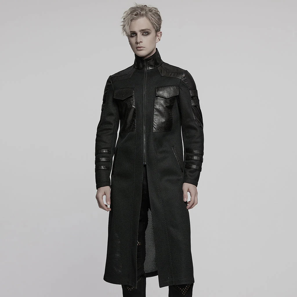 WY-1769XCM Gothic Longline Leather Accent Punk Coat with High Collar - Image 21