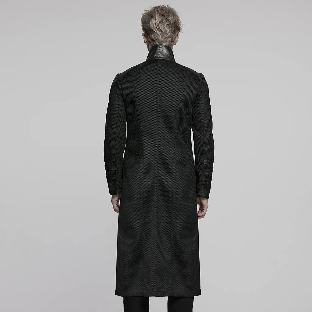 WY-1769XCM Gothic Longline Leather Accent Punk Coat with High Collar - Image 4